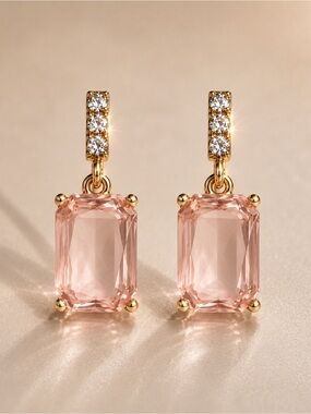 Emerald-Cut Crystal Drop Earrings – Pink